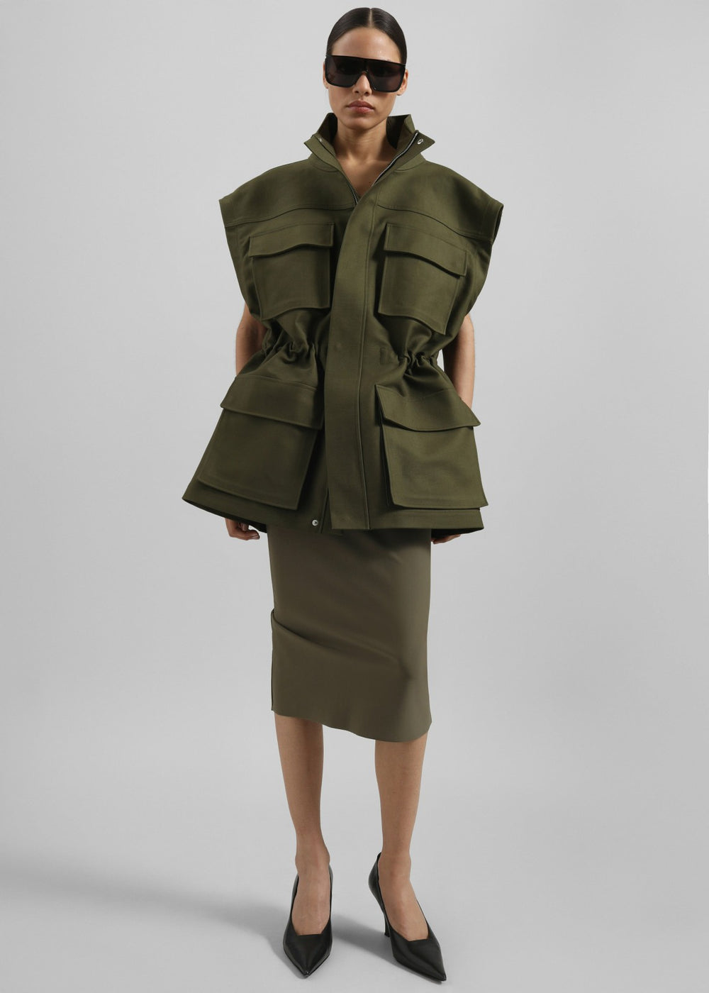 Melton Detachable Sleeve Cargo Jacket - Khaki