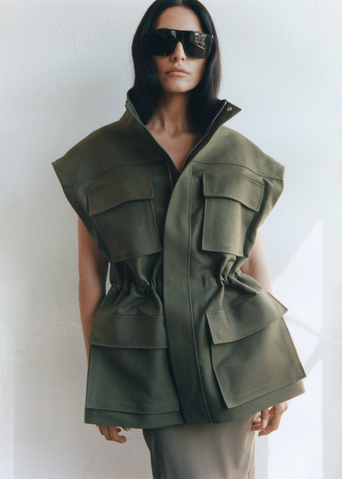 Melton Detachable Sleeve Cargo Jacket - Khaki