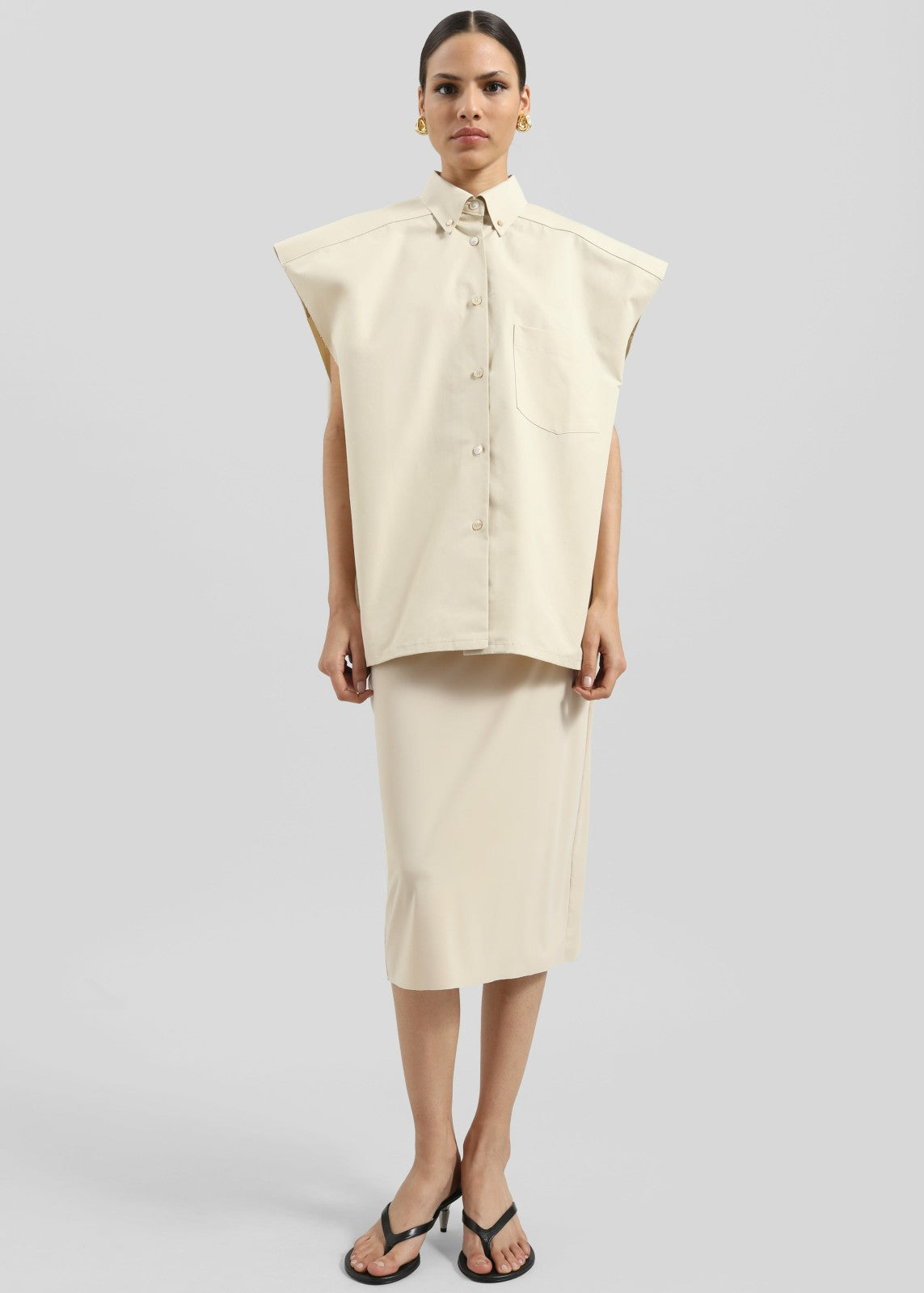Quenin Sleeveless Button Down Shirt - Beige