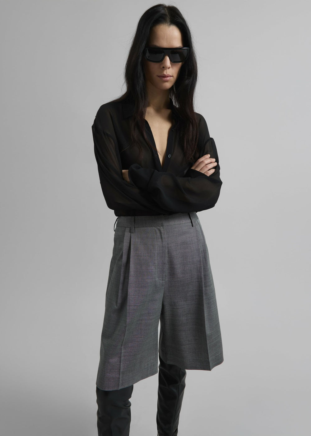 Marfa Pleated Bermuda Shorts - Grey Melange