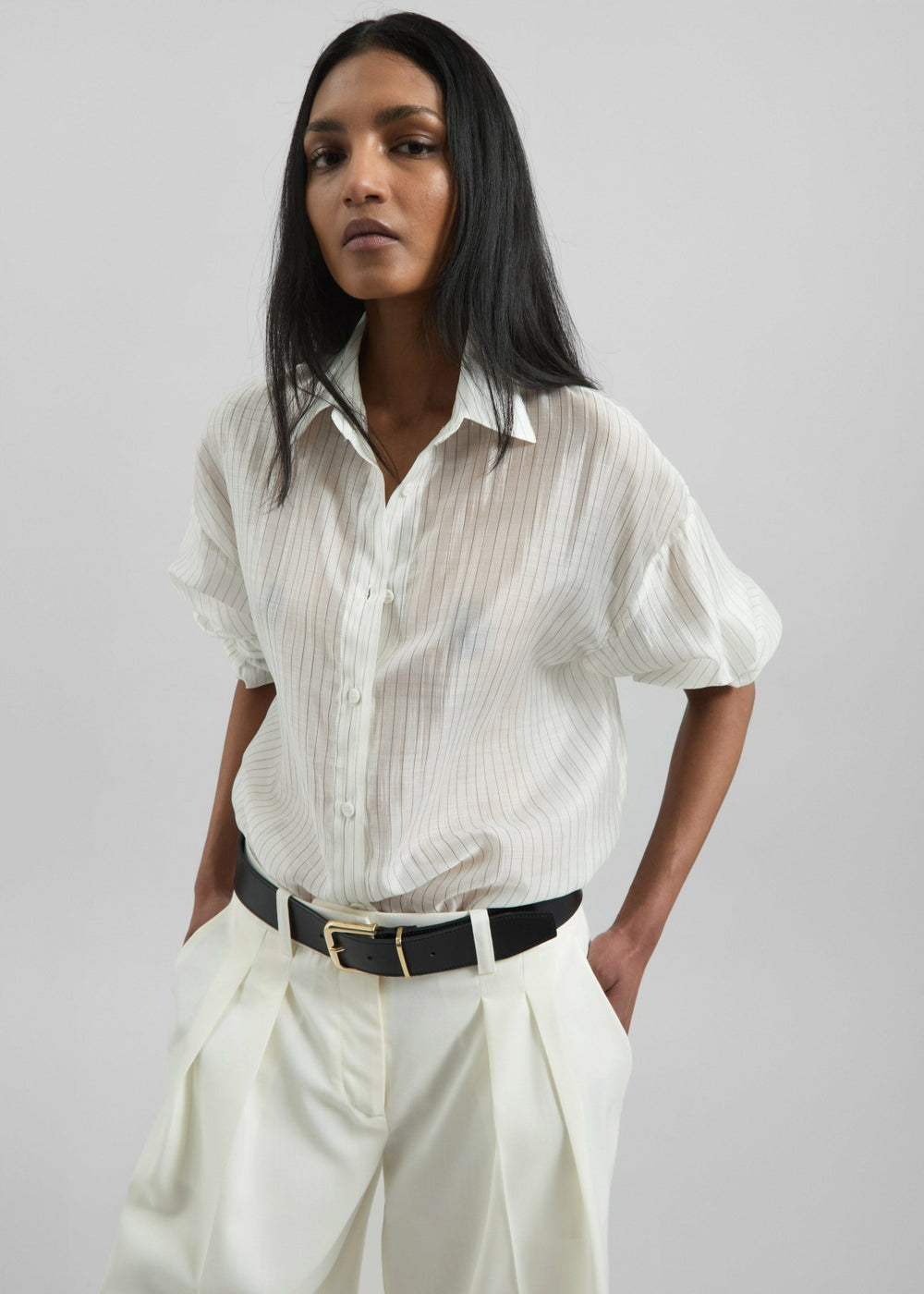 Kesin Open Back Shirt - White/Grey Stripe