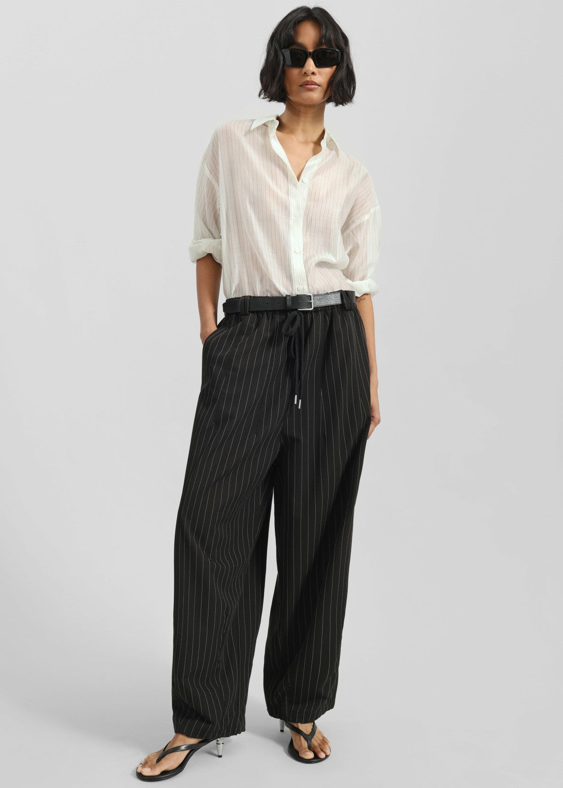 Kesin Open Back Shirt - White/Grey Stripe