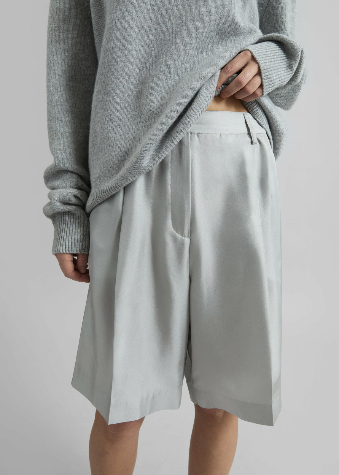 Marfa Pleated Silk Bermuda Shorts - Grey