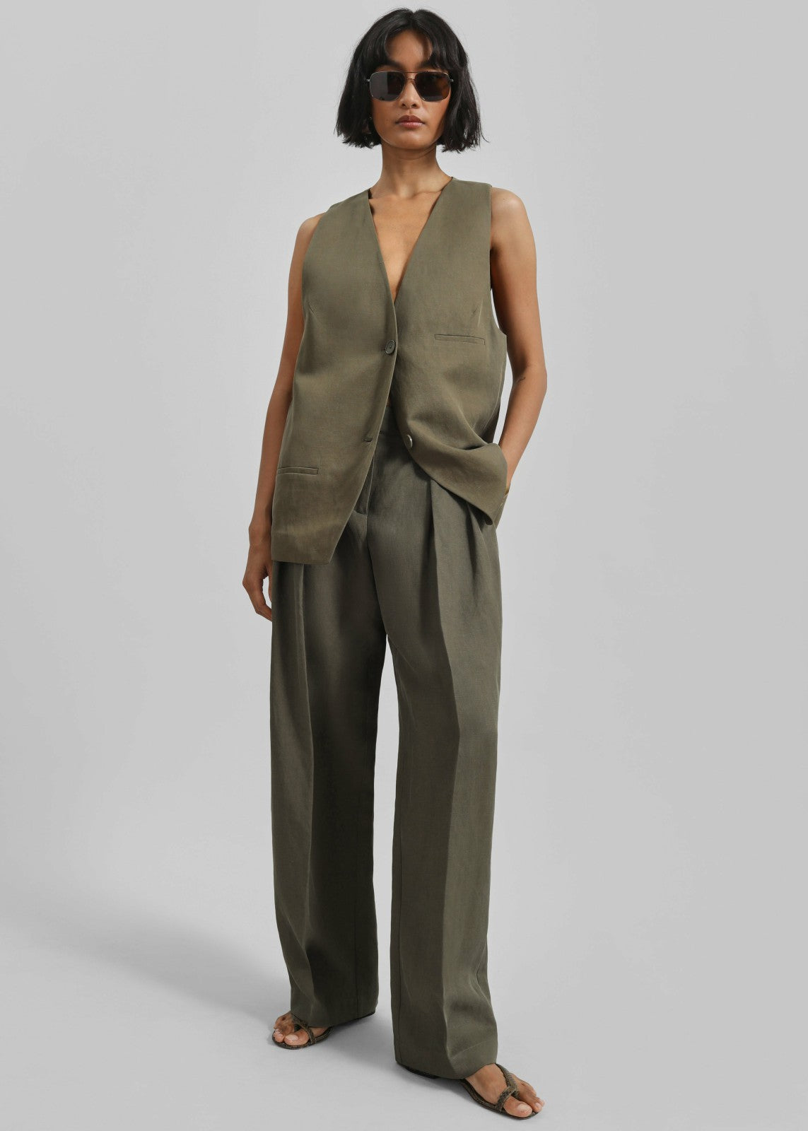 Melrose Linen Vest - Khaki