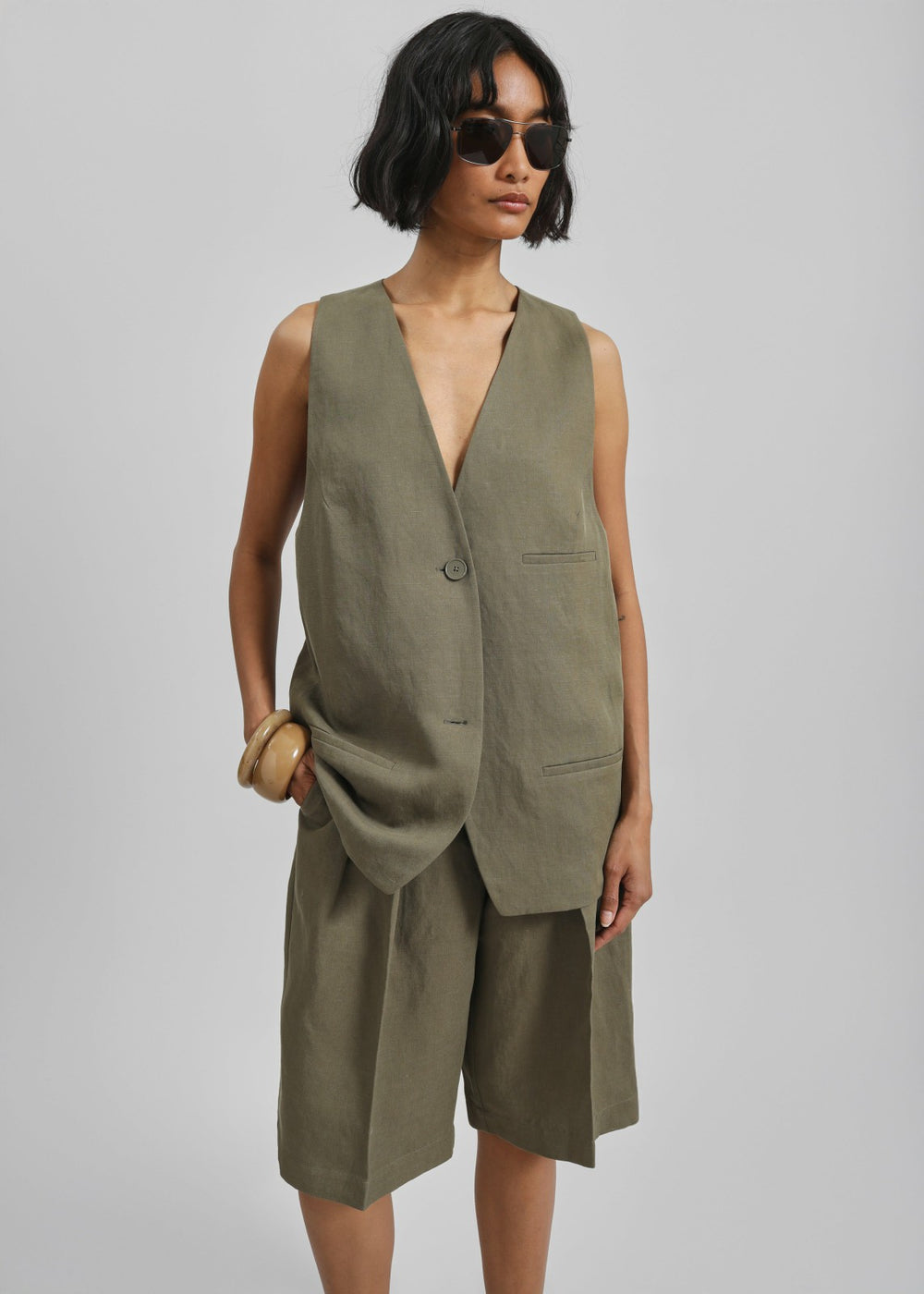 Melrose Linen Vest - Khaki