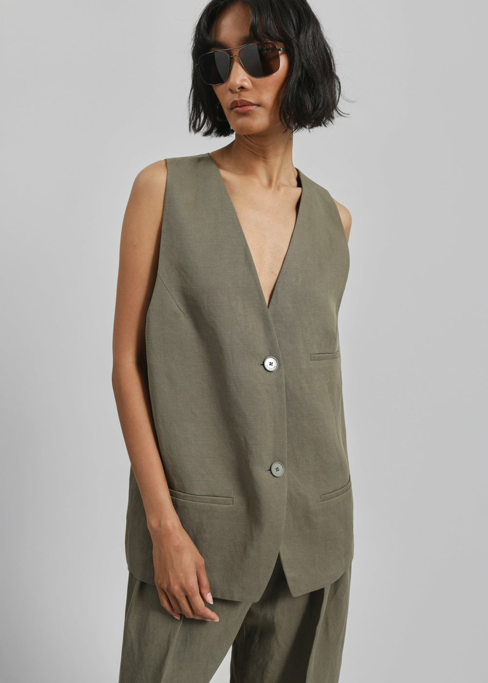 Melrose Linen Vest - Khaki