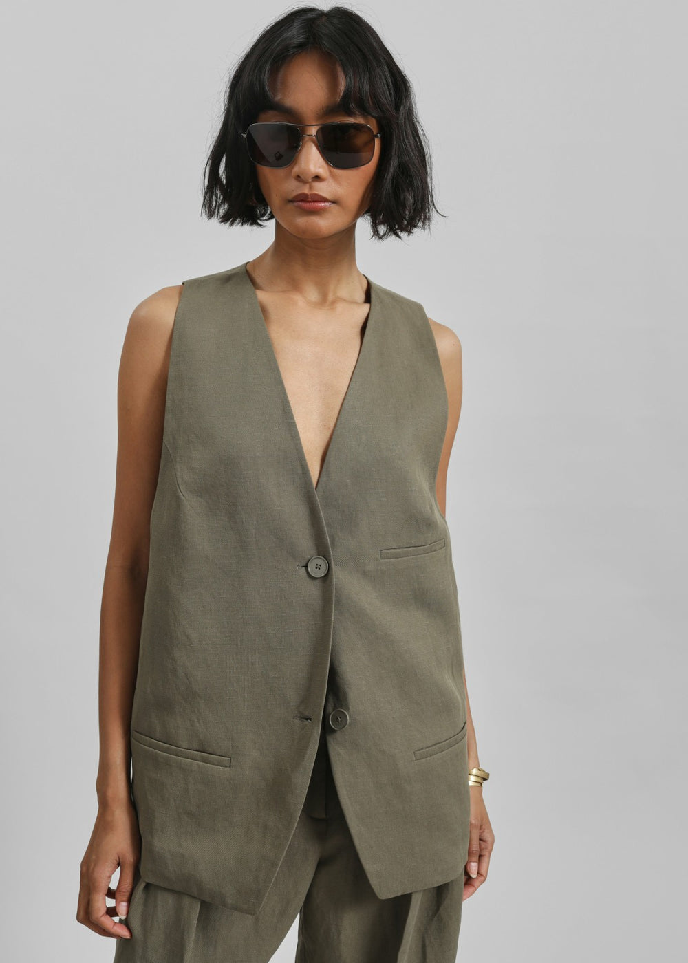 Melrose Linen Vest - Khaki