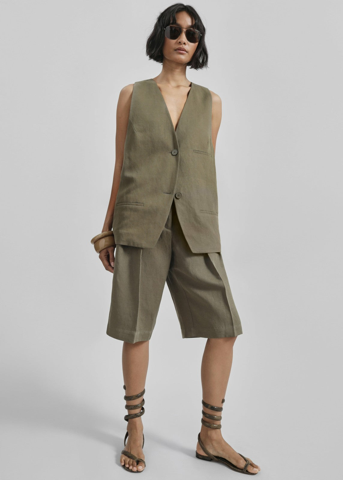Melrose Linen Vest - Khaki