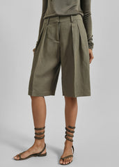 Bilbao Pleated Linen Bermuda Shorts - Khaki