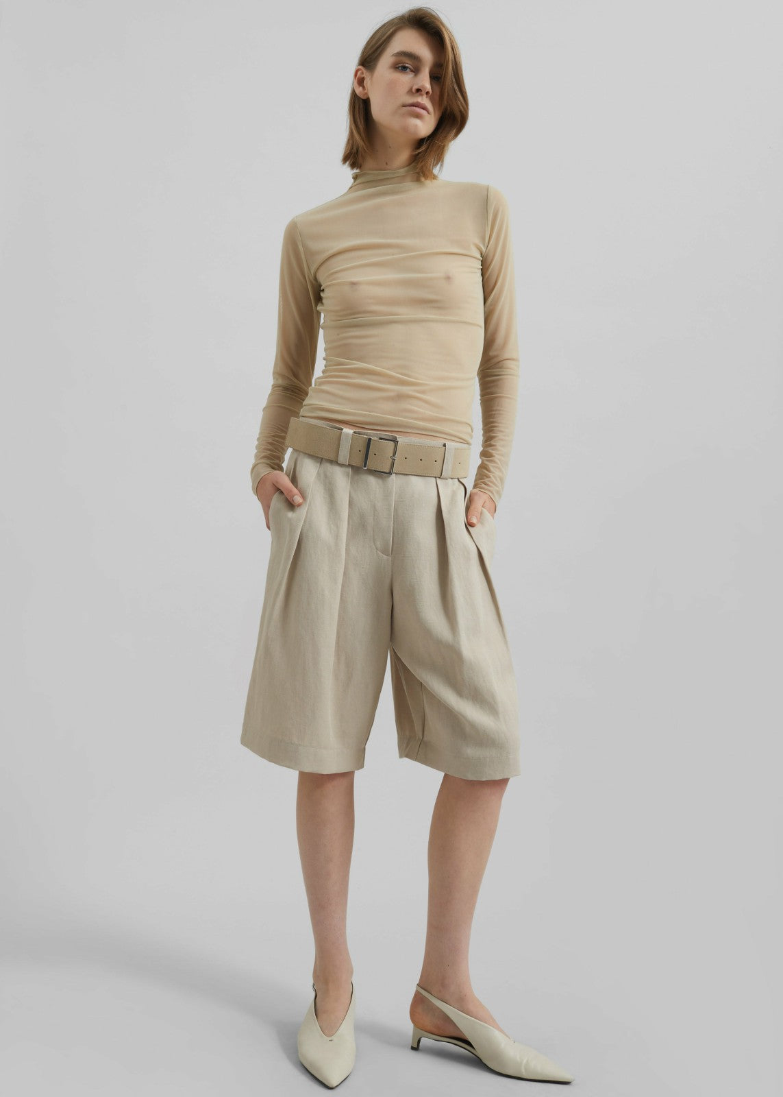 Bilbao Pleated Linen Bermuda Shorts - Cement