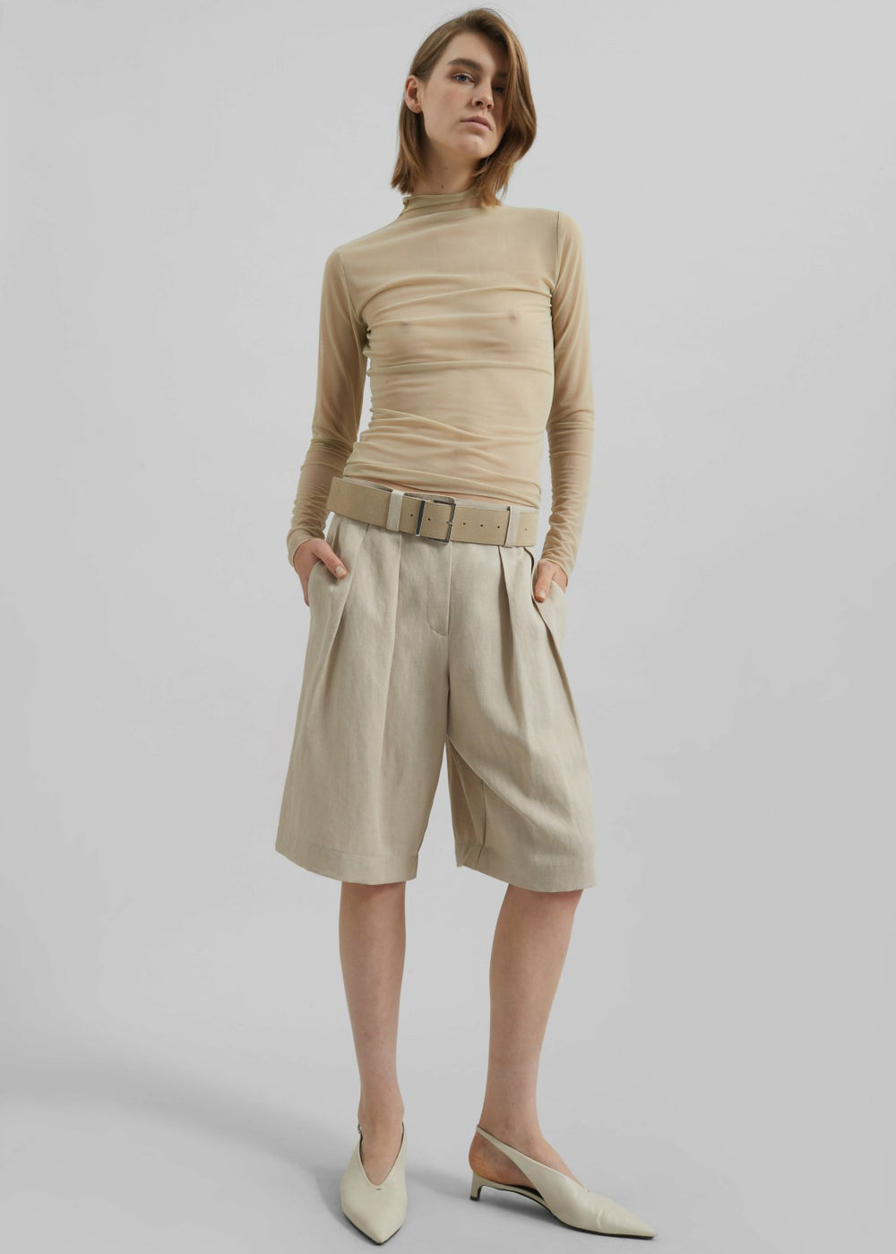 Bilbao Pleated Linen Bermuda Shorts - Cement