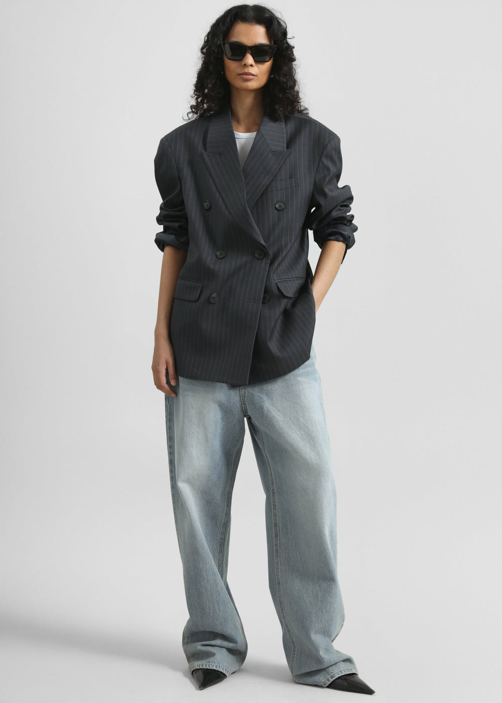Tarbert Double-Breasted Blazer - Grey/White Pinstripe