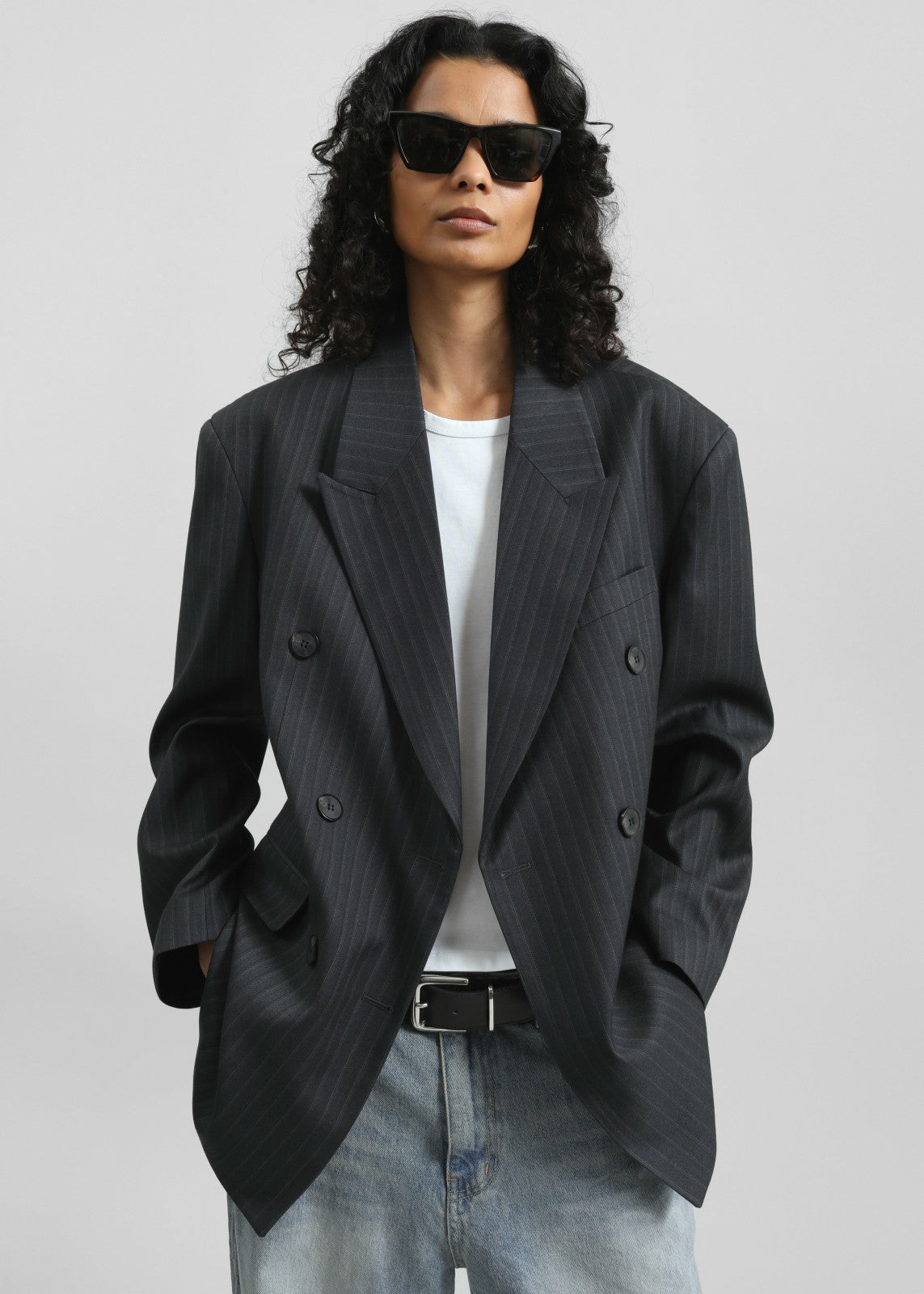 Tarbert Double-Breasted Blazer - Grey/White Pinstripe