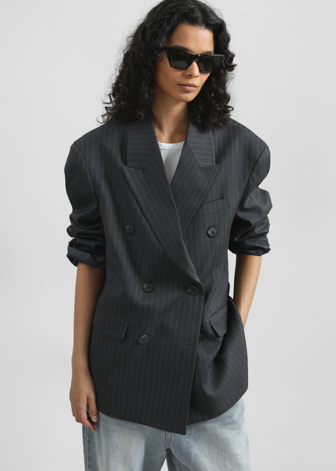 Tarbert Double-Breasted Blazer - Grey/White Pinstripe