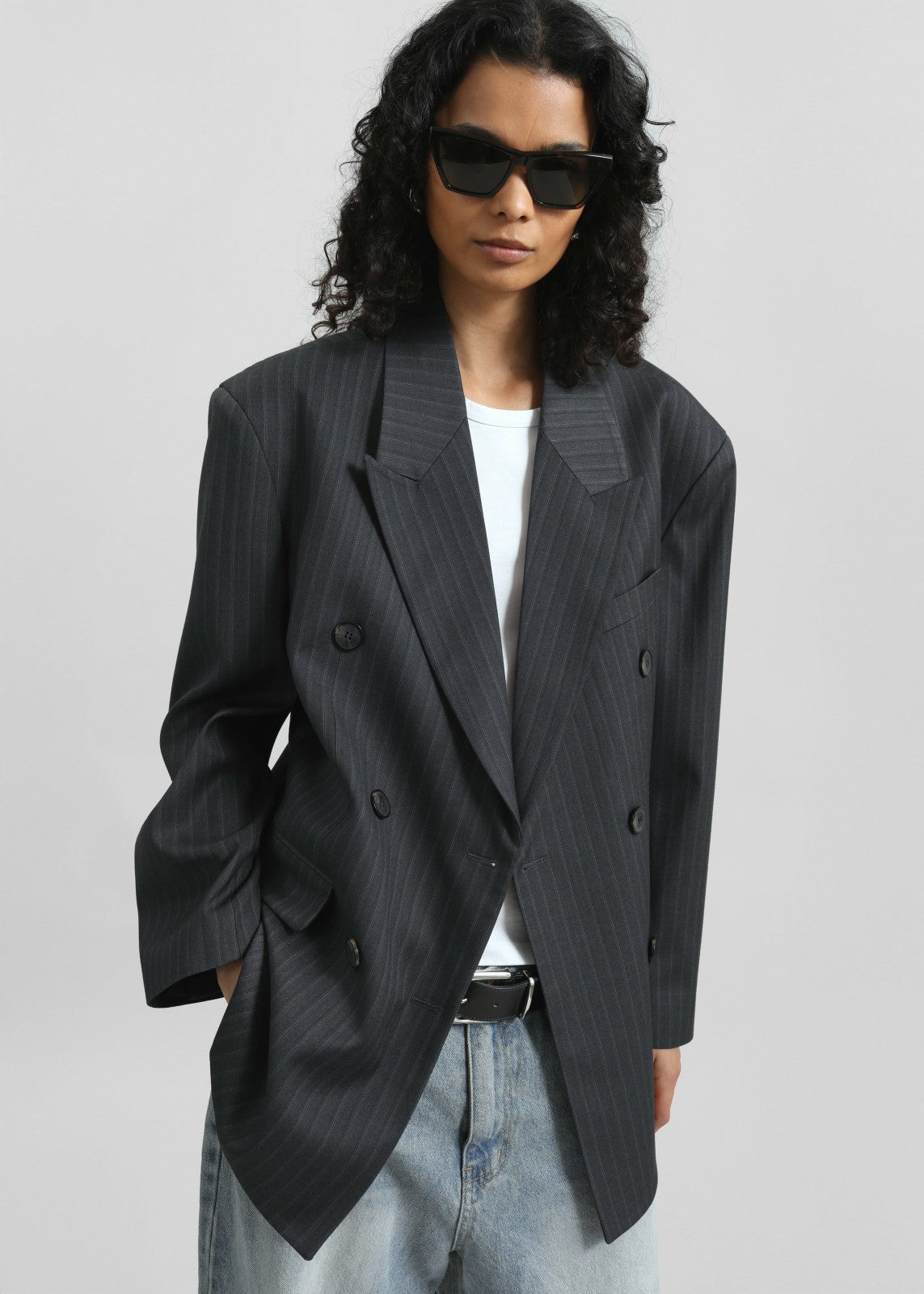 Tarbert Double-Breasted Blazer - Grey/White Pinstripe