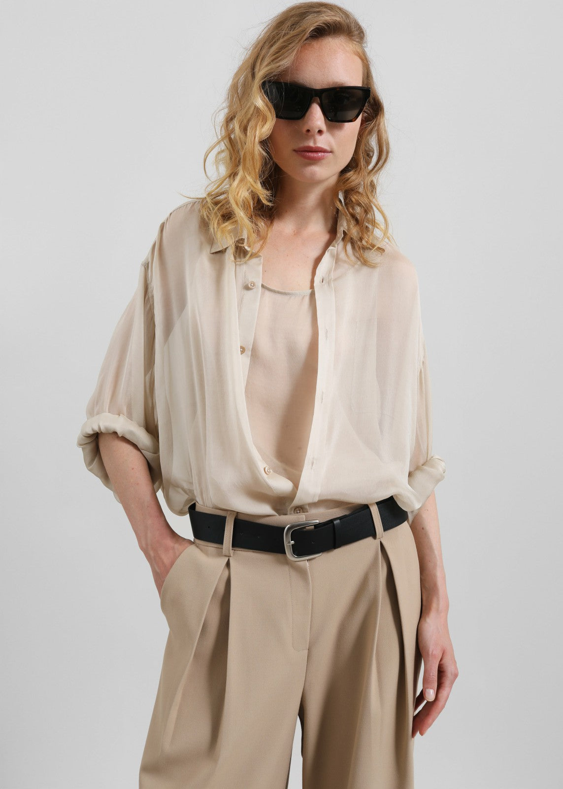Oria Sheer Silk Chiffon Tank - Beige