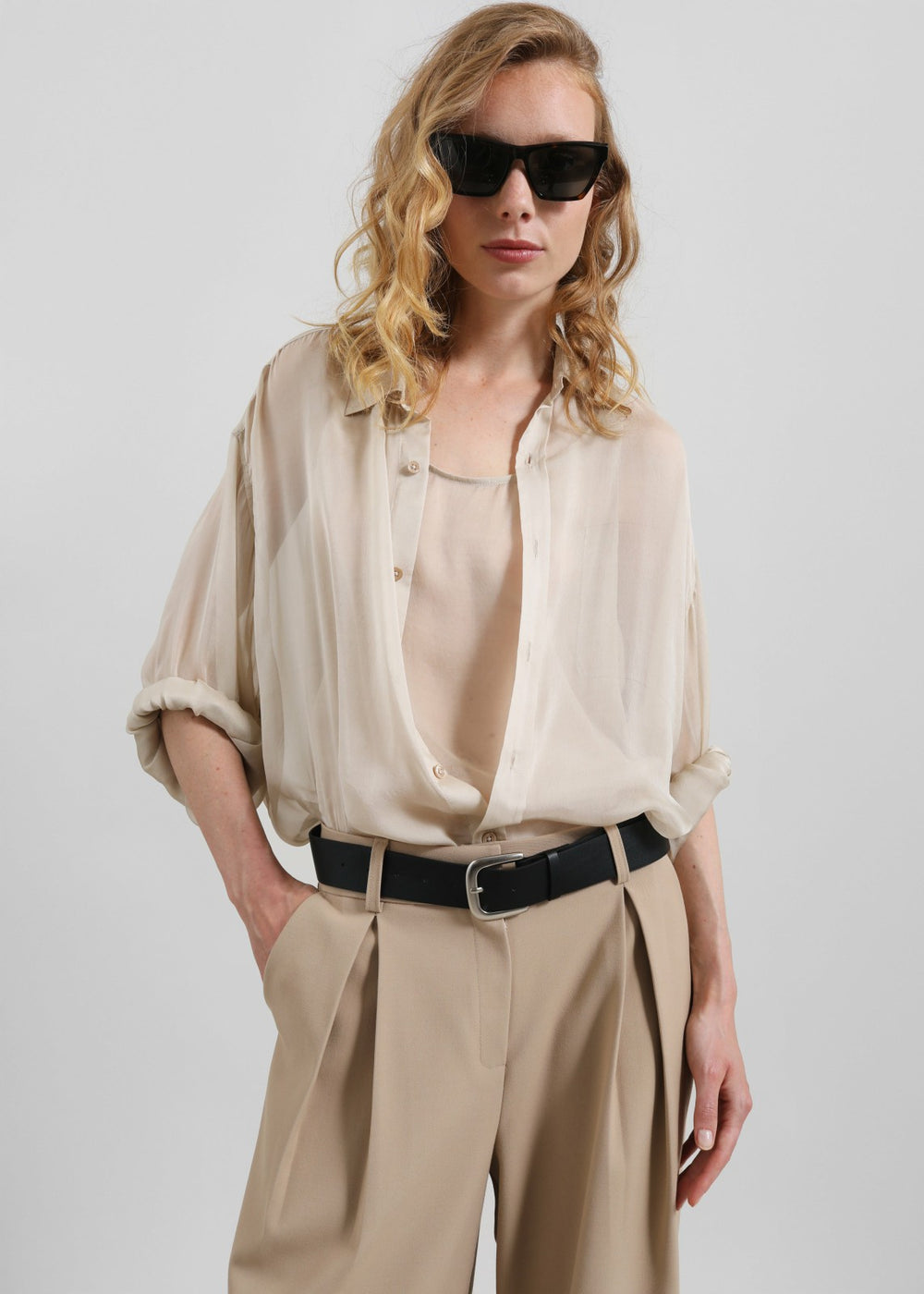 Oria Sheer Silk Chiffon Tank - Beige