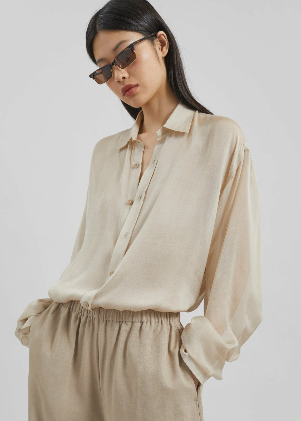 Oria Sheer Silk Chiffon Shirt - Beige