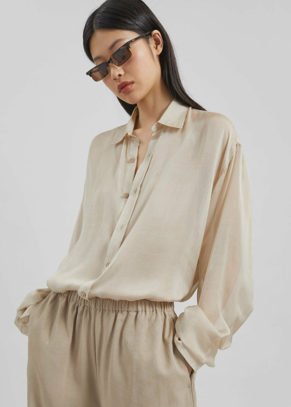 Oria Sheer Silk Chiffon Shirt - Beige