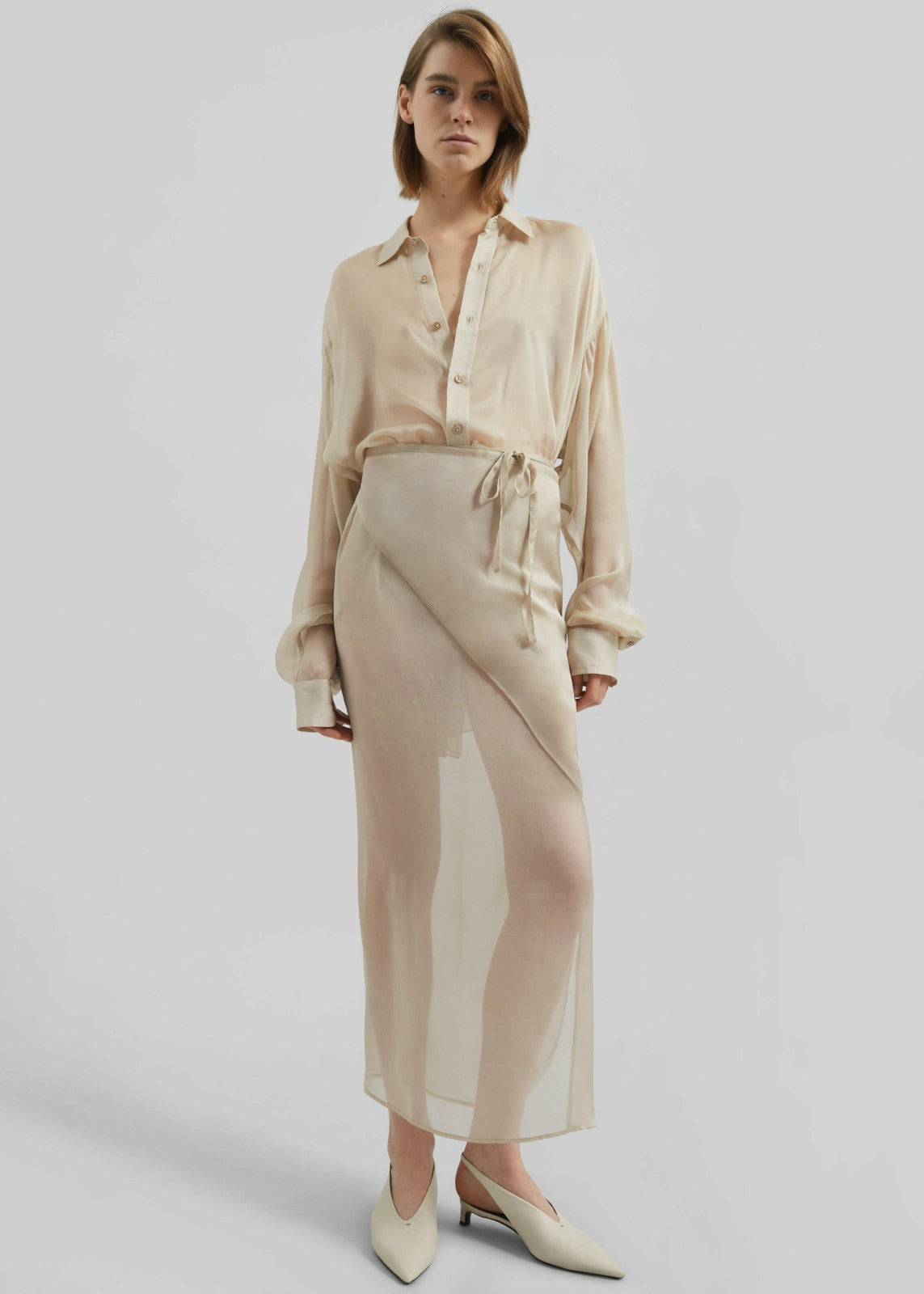 Oria Sheer Silk Chiffon Wrap Skirt - Beige