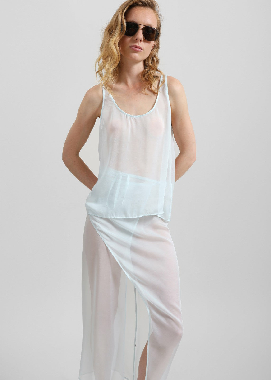 Oria Sheer Silk Chiffon Tank - Pale Blue