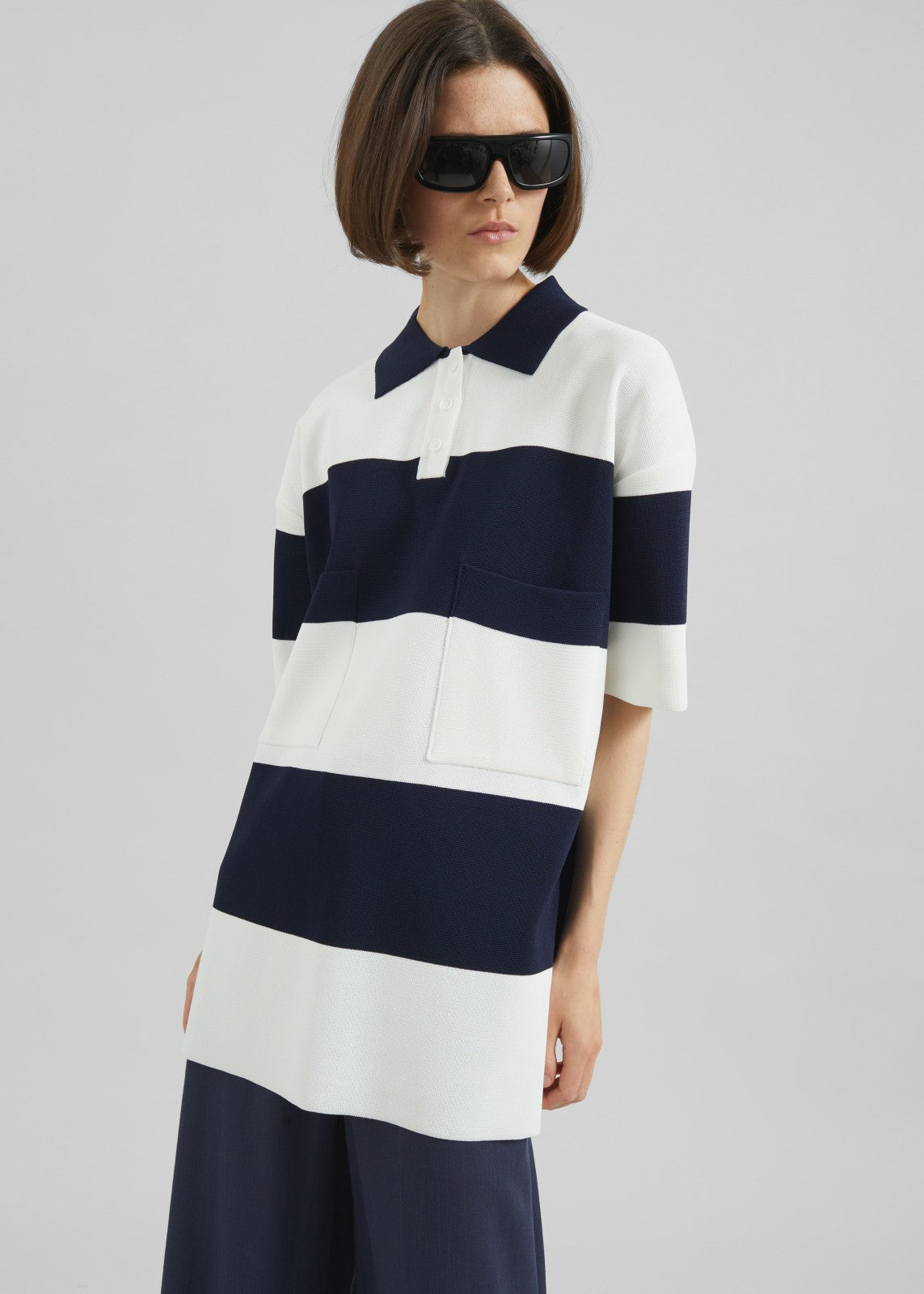Teralba Oversized Knit Polo - White/Navy Stripe