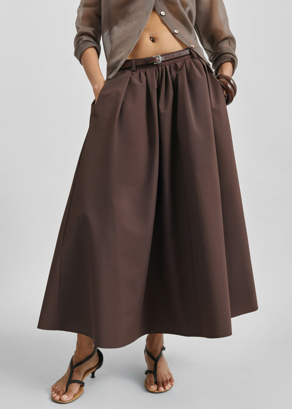 Nimes Voluminous A-Line Maxi Skirt - Brown