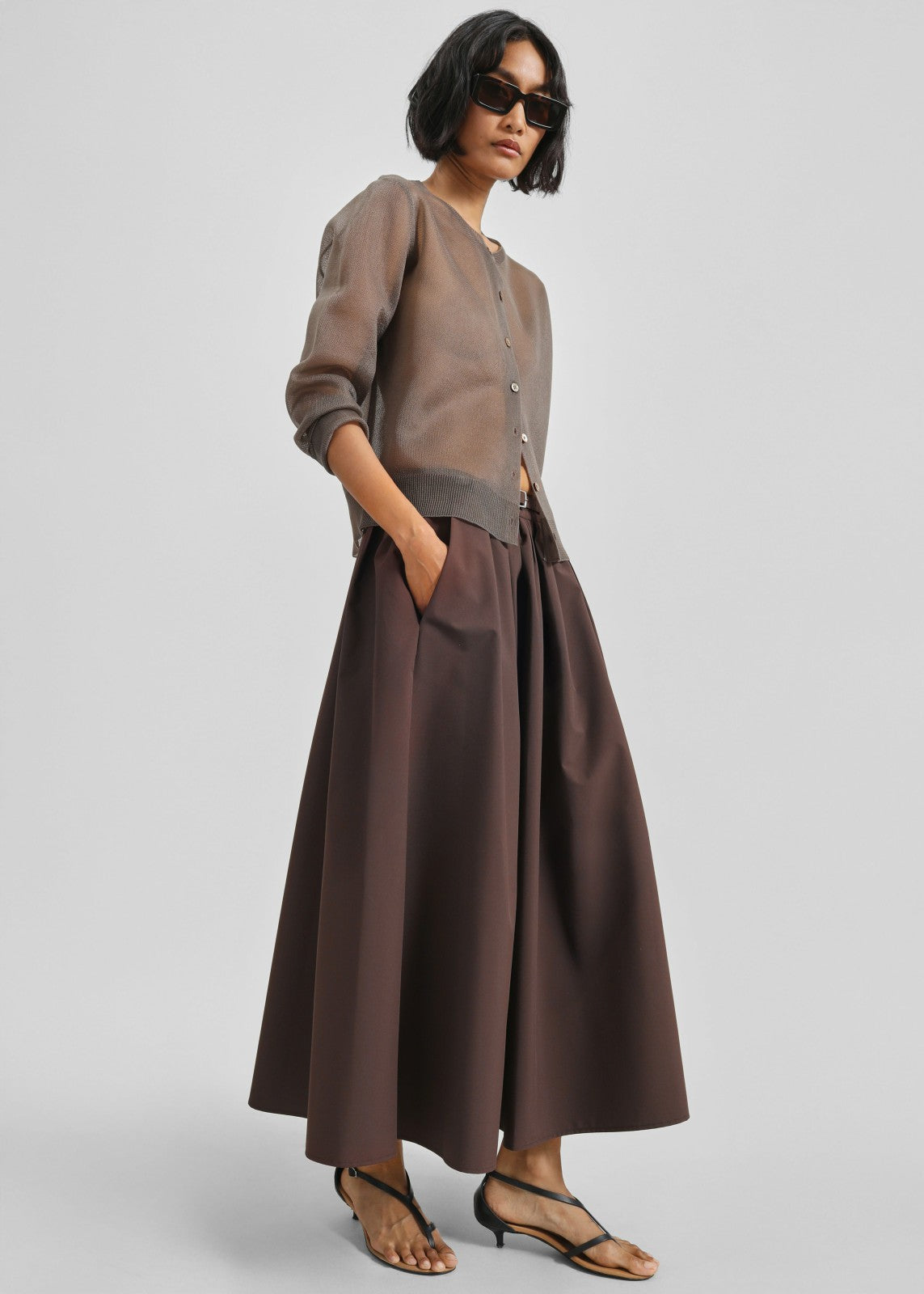 Nimes Voluminous A-Line Maxi Skirt - Brown