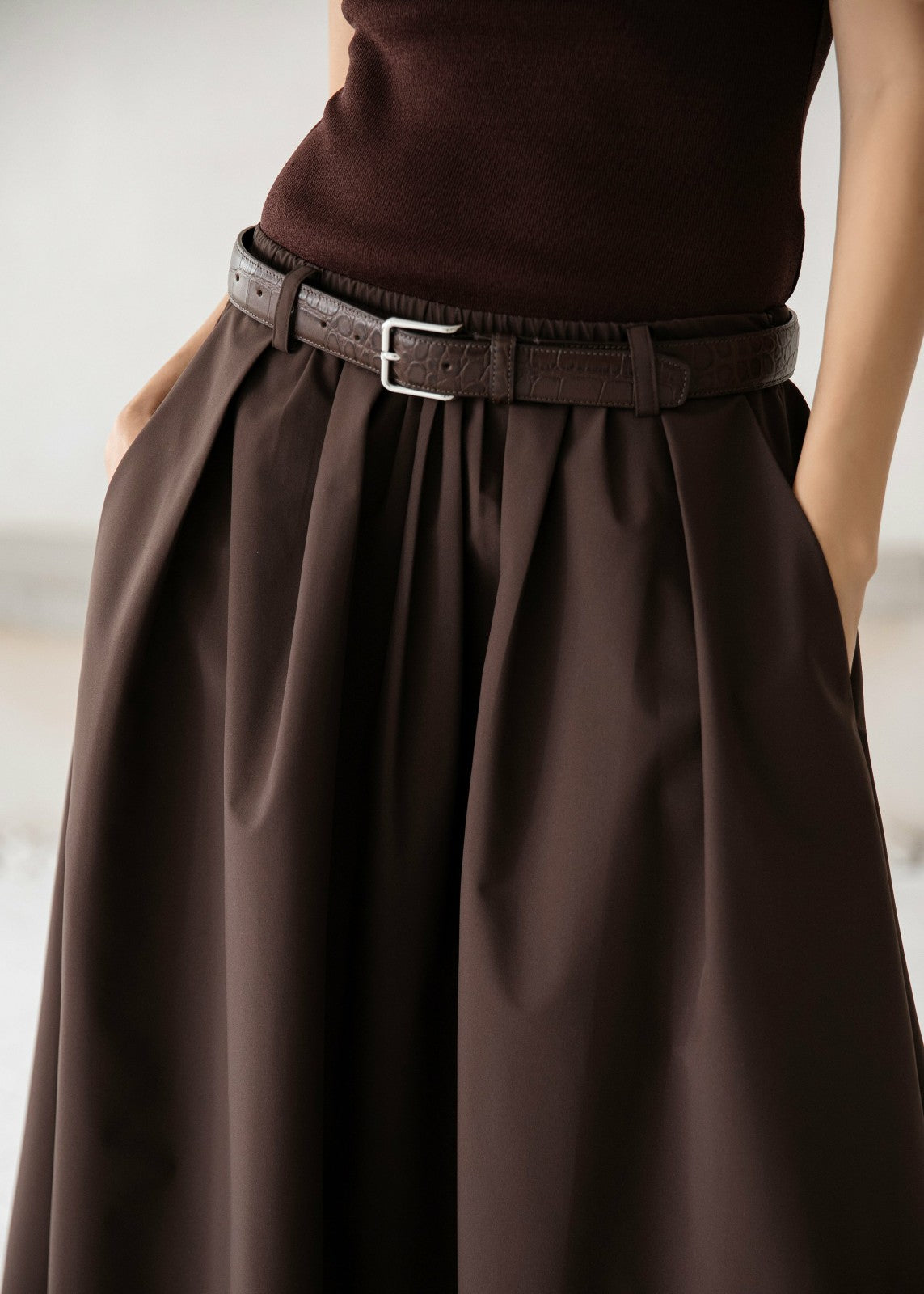 Nimes Voluminous A-Line Maxi Skirt - Brown