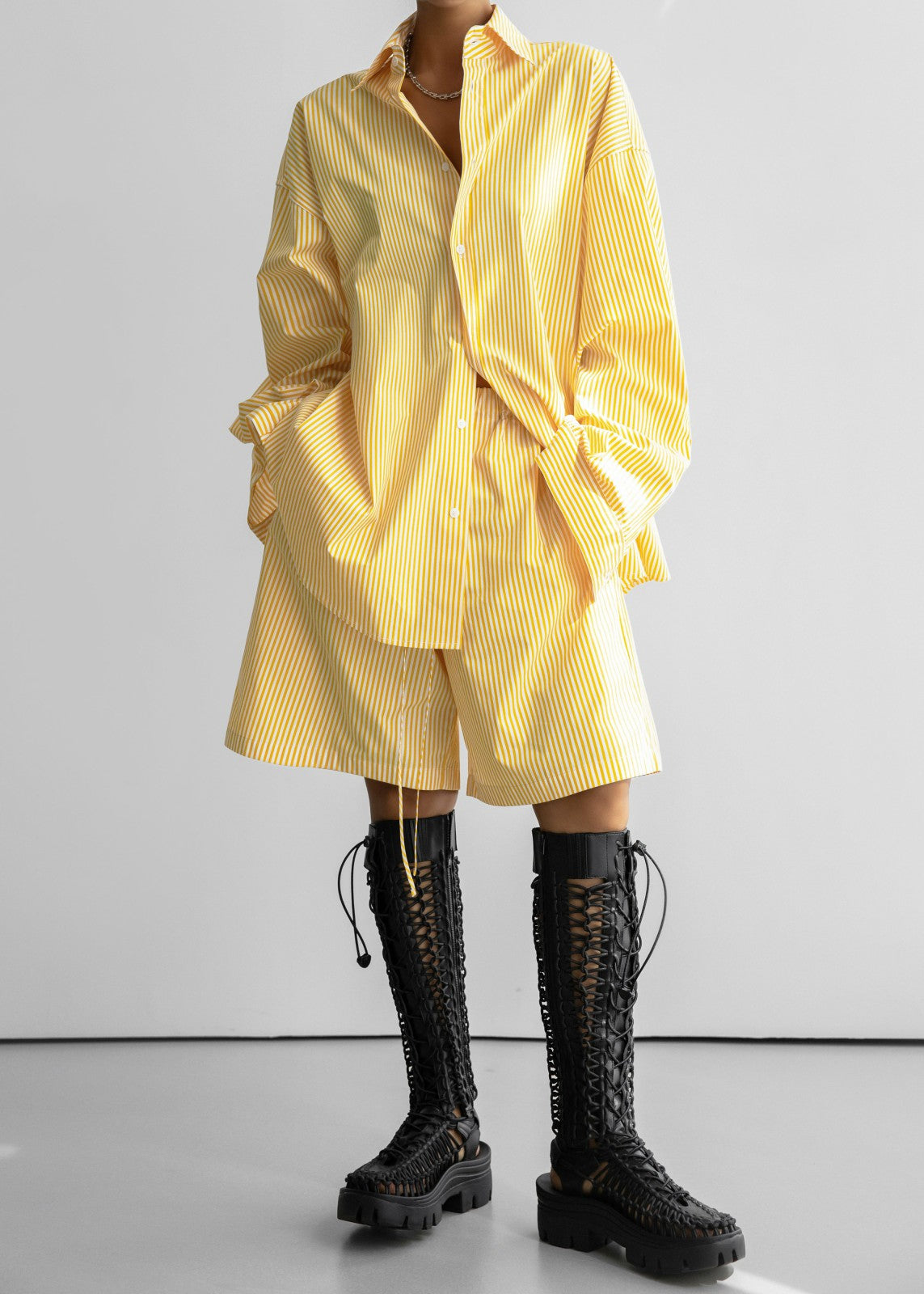 Rimini Oversized Poplin Shirt - Yellow/White Stripe