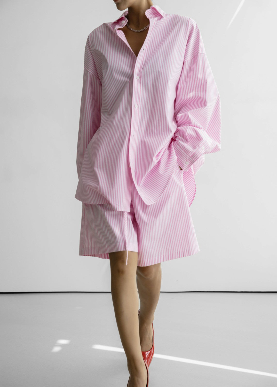 Rimini Oversized Poplin Shirt - Pink/White Stripe