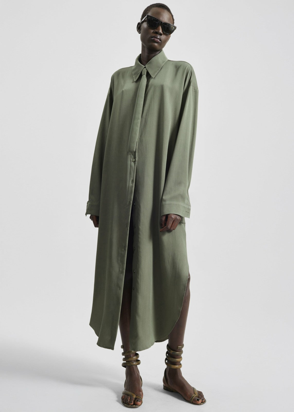 Silvan Neck Tie Shirt Dress - Olive