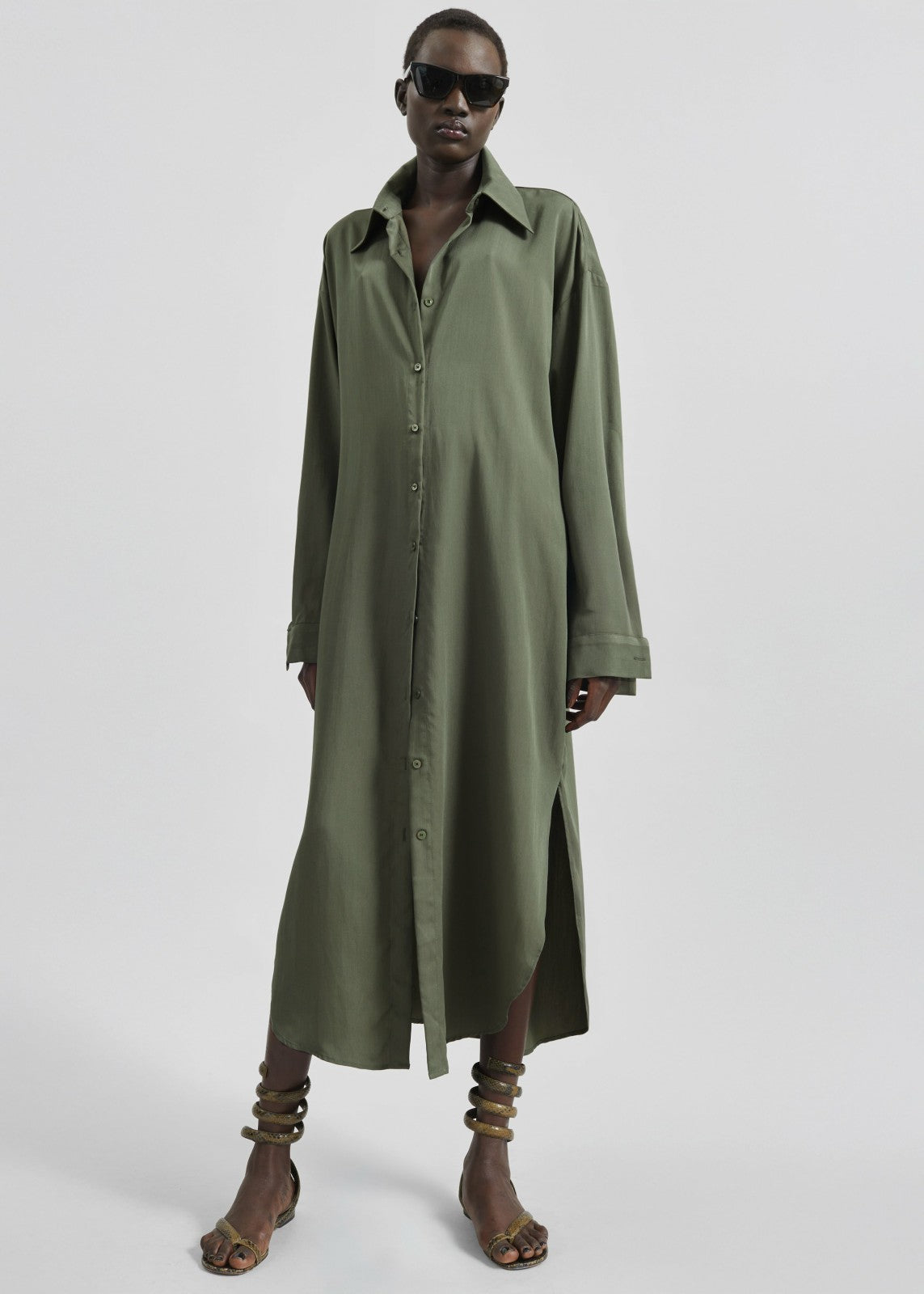 Silvan Neck Tie Shirt Dress - Olive