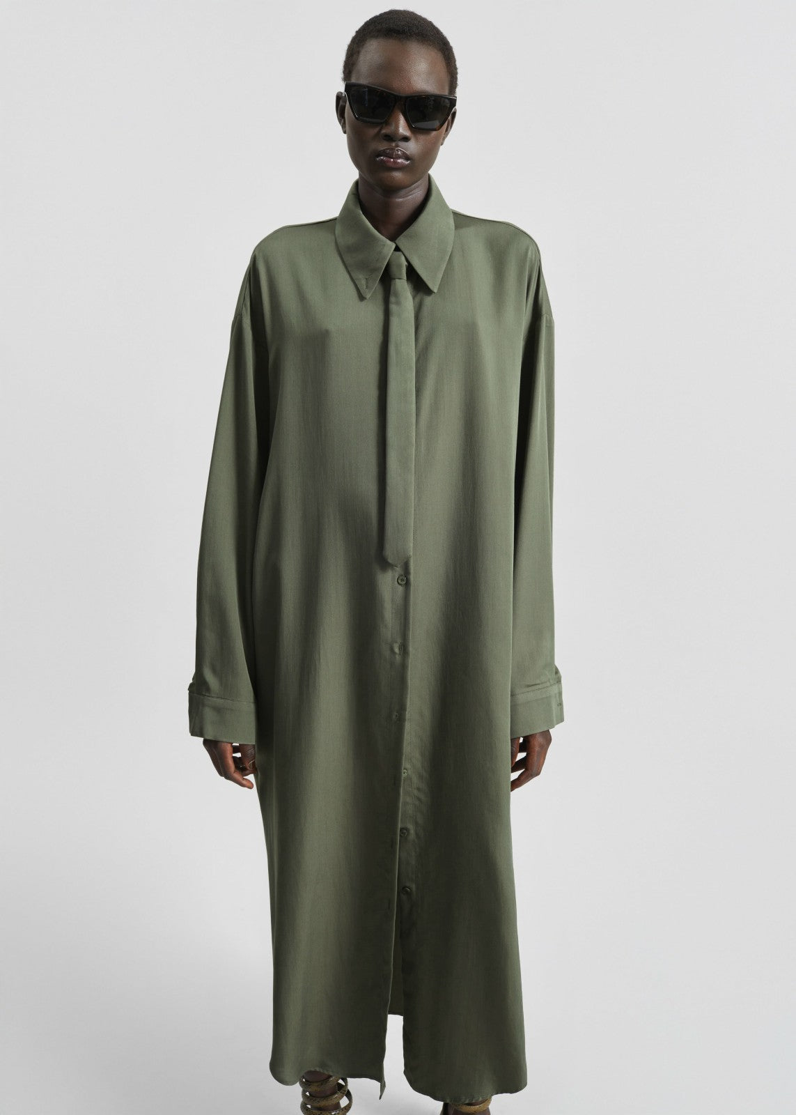 Silvan Neck Tie Shirt Dress - Olive