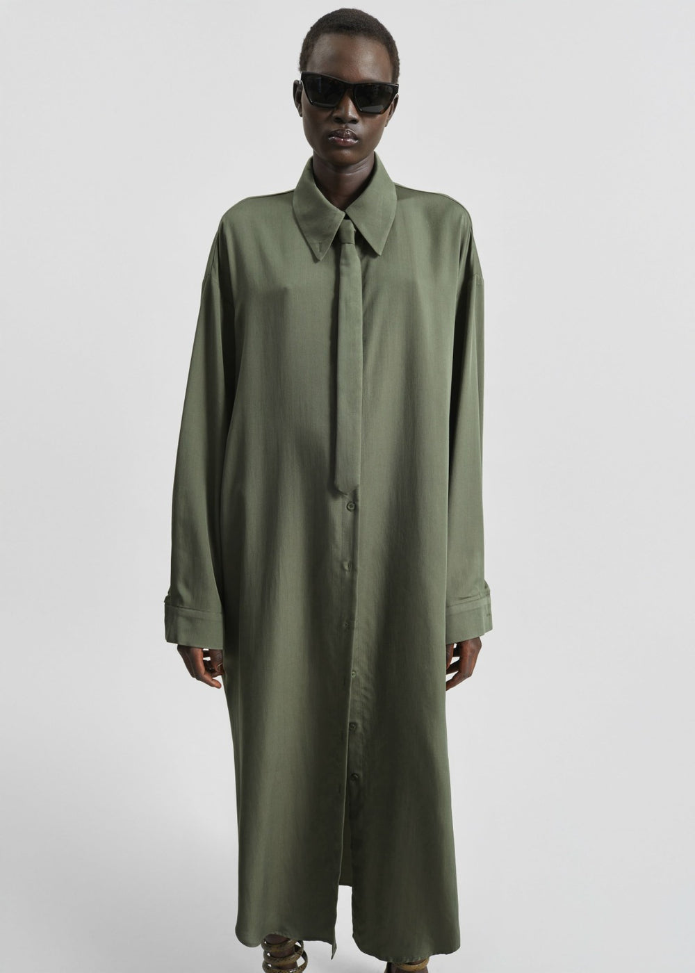 Silvan Neck Tie Shirt Dress - Olive