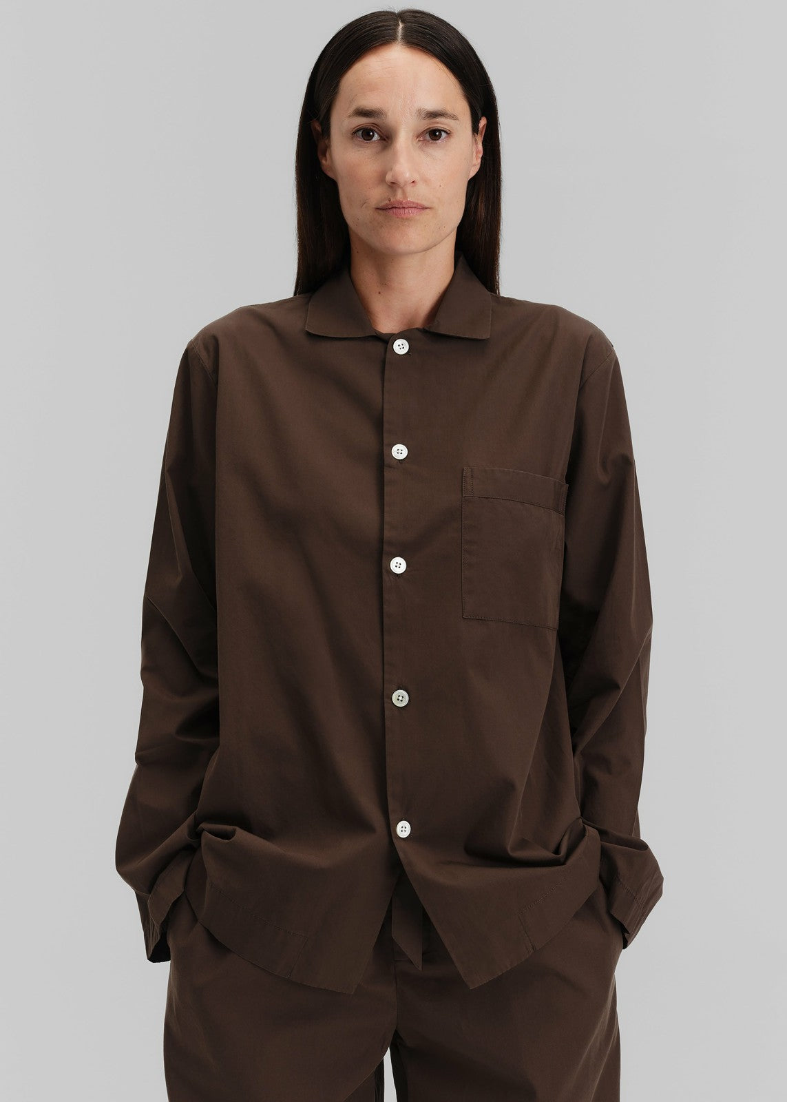 Tekla Poplin Pyjama Shirt - Coffee