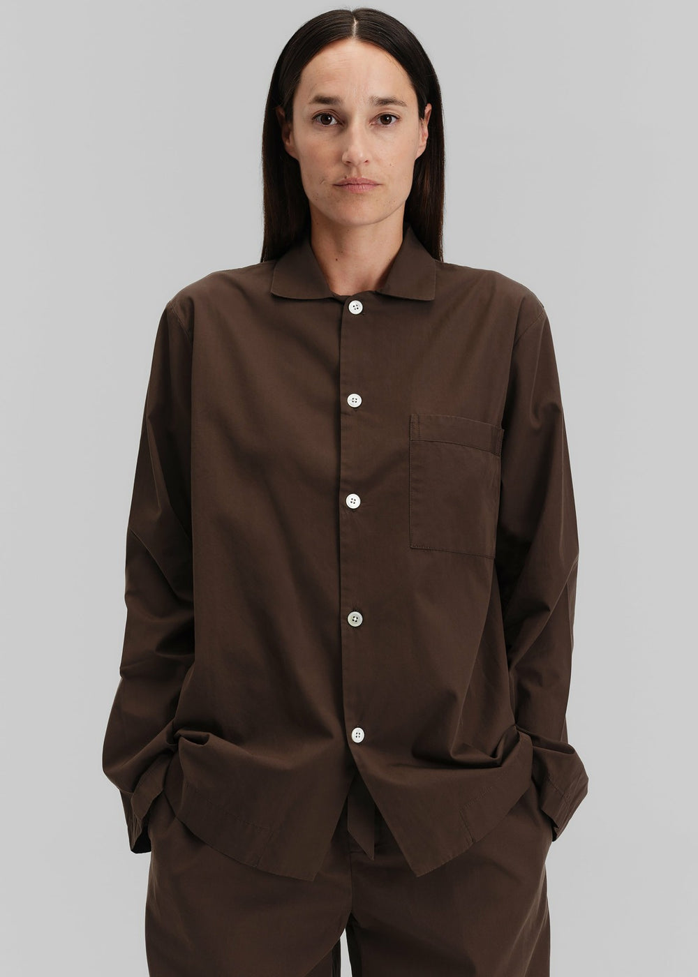 Tekla Poplin Pyjama Shirt - Coffee