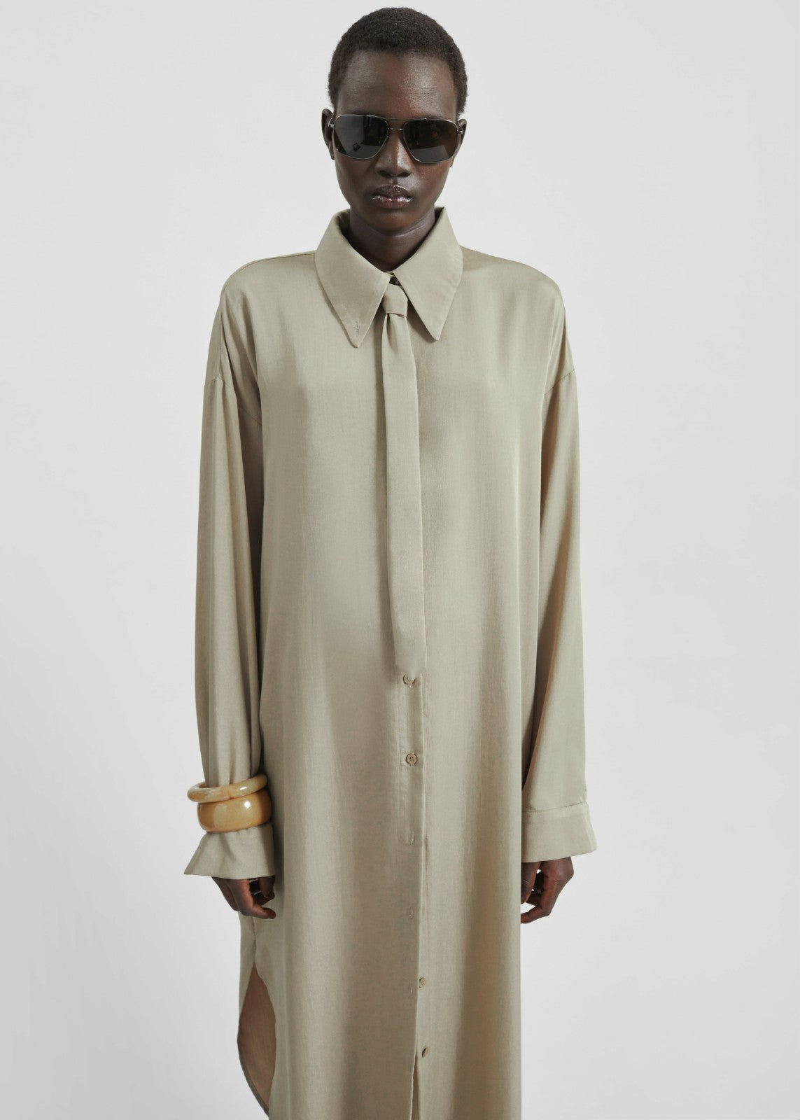 Silvan Neck Tie Shirt Dress - Taupe