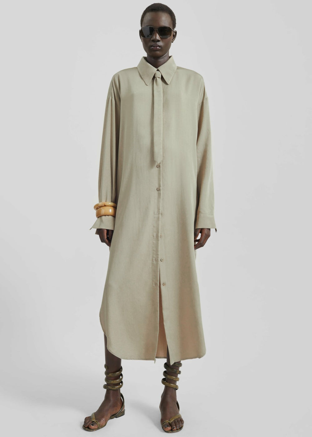Silvan Neck Tie Shirt Dress - Taupe
