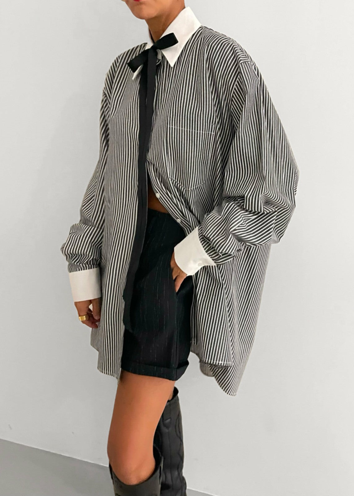 Jany Tie-Neck Shirt - Black Stripe