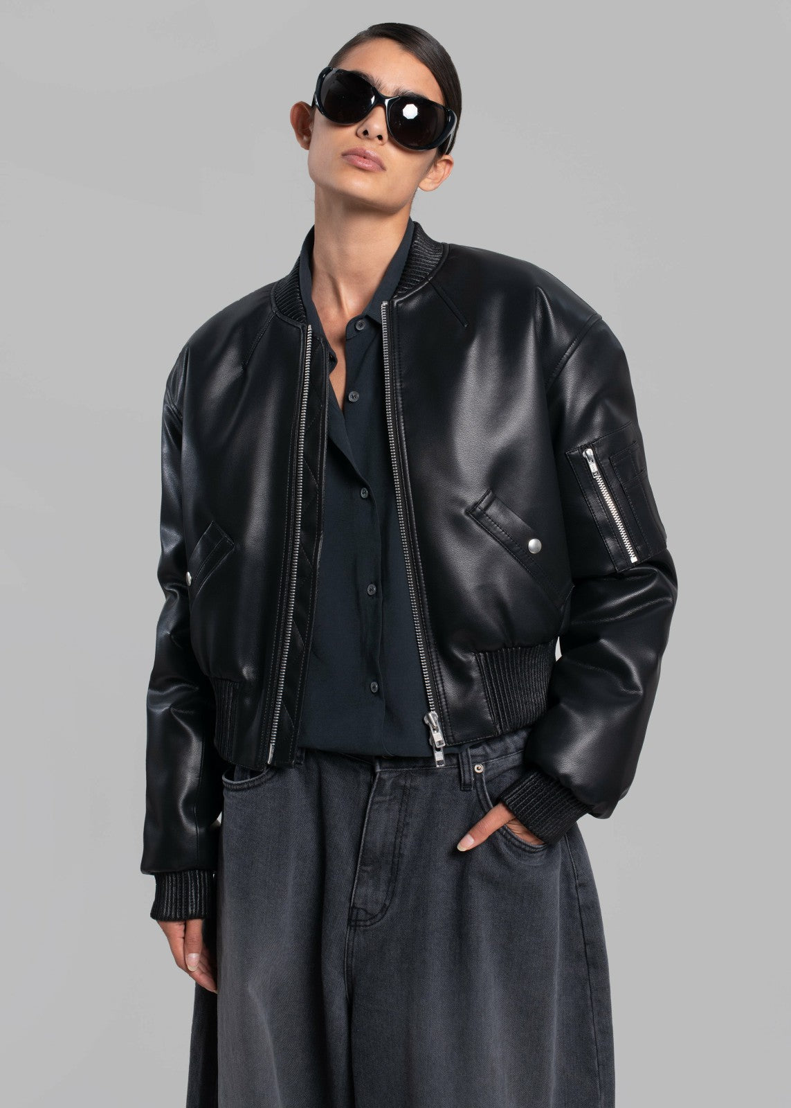 Sille Faux-Leather Cropped Bomber - Black