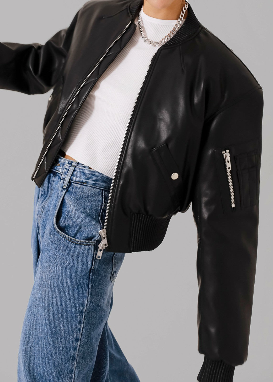 Sille Faux-Leather Cropped Bomber - Black