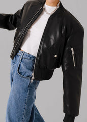 Sille Faux-Leather Cropped Bomber - Black