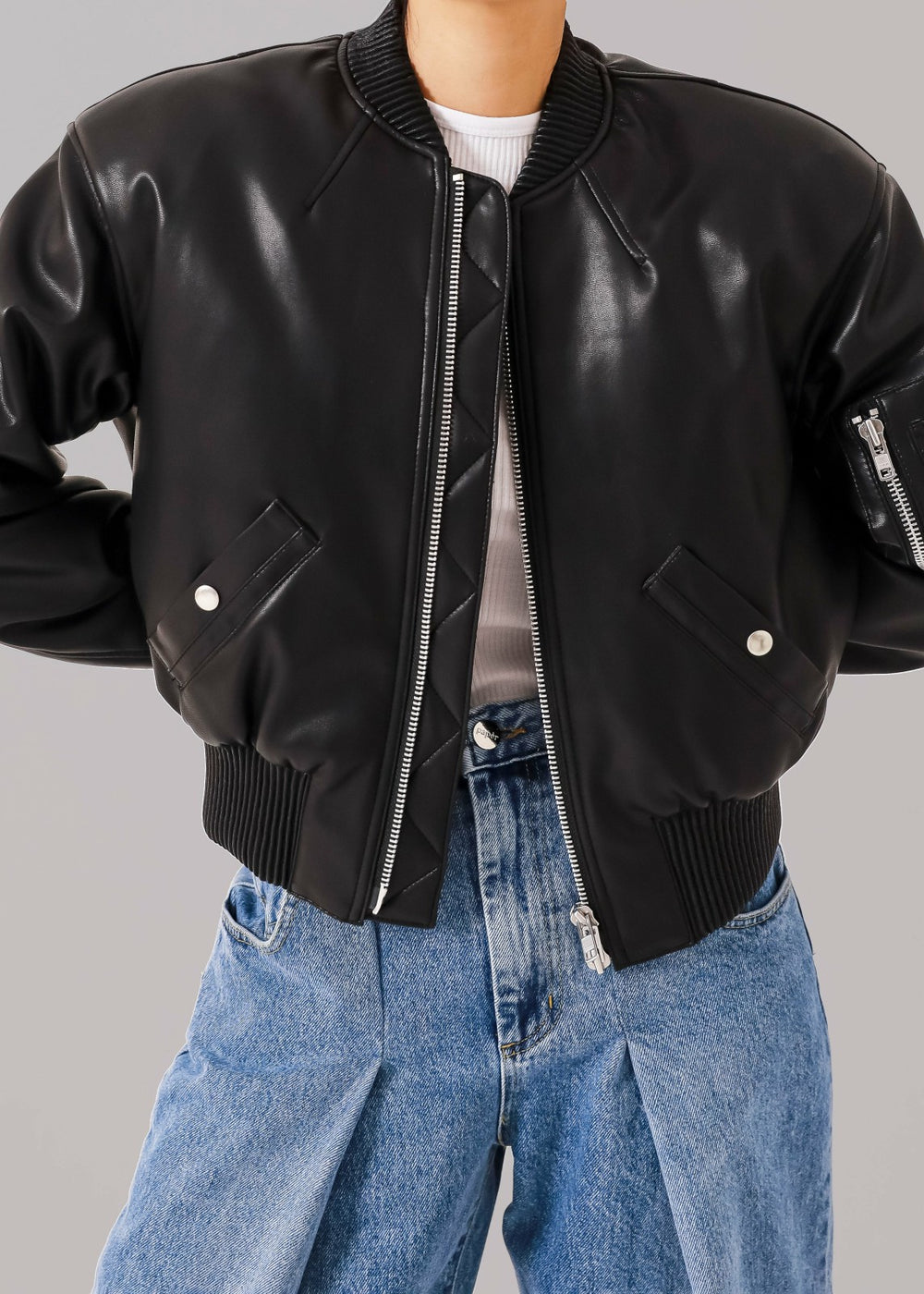 Sille Faux-Leather Cropped Bomber - Black