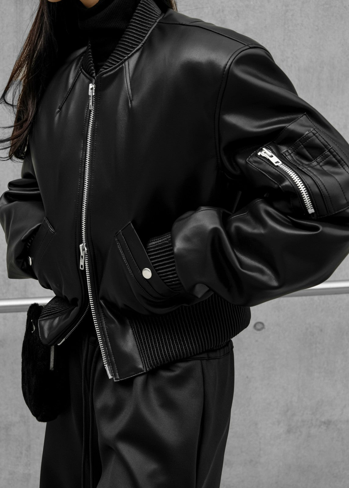 Sille Faux-Leather Cropped Bomber - Black