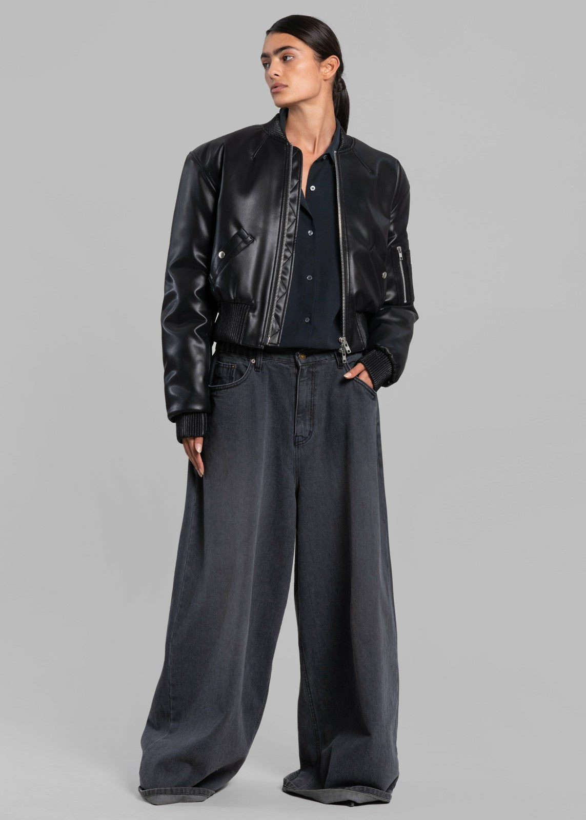 Sille Faux-Leather Cropped Bomber - Black