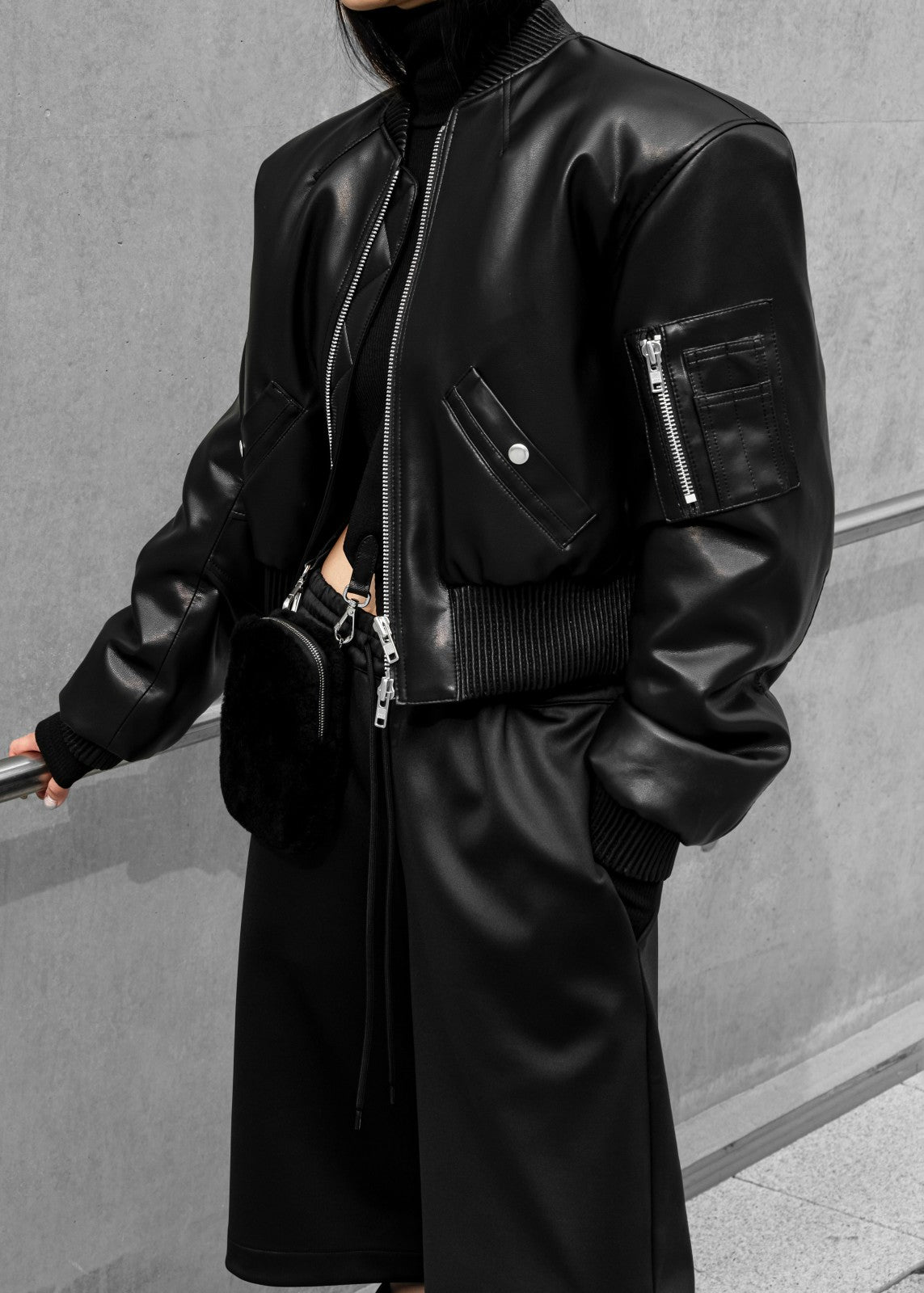 Sille Faux-Leather Cropped Bomber - Black