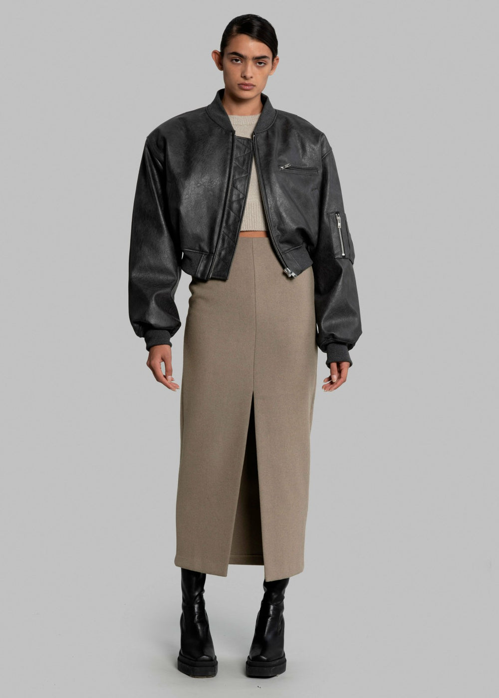 Gae Faux Leather Cropped Bomber - Charcoal