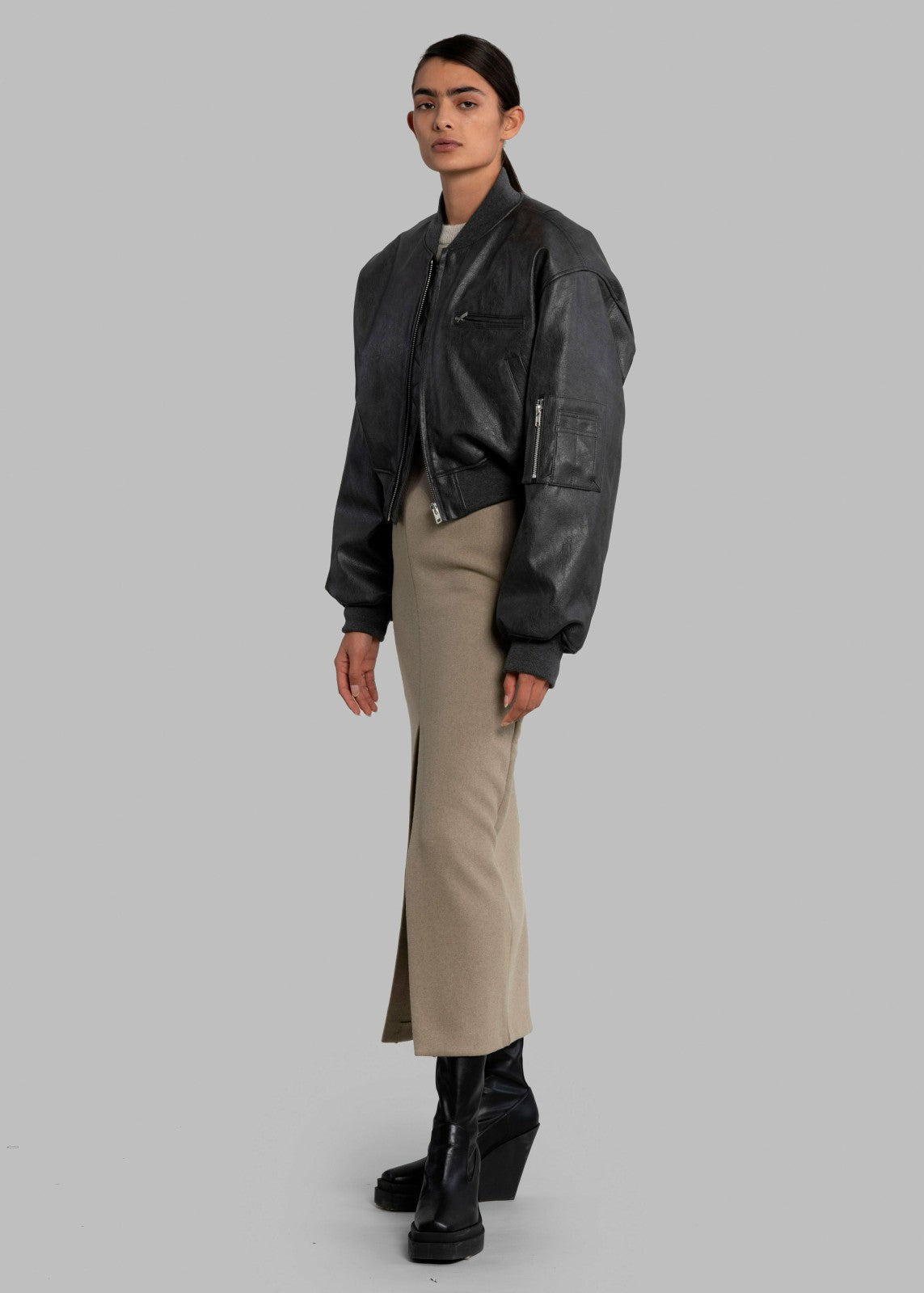 Gae Faux Leather Cropped Bomber - Charcoal