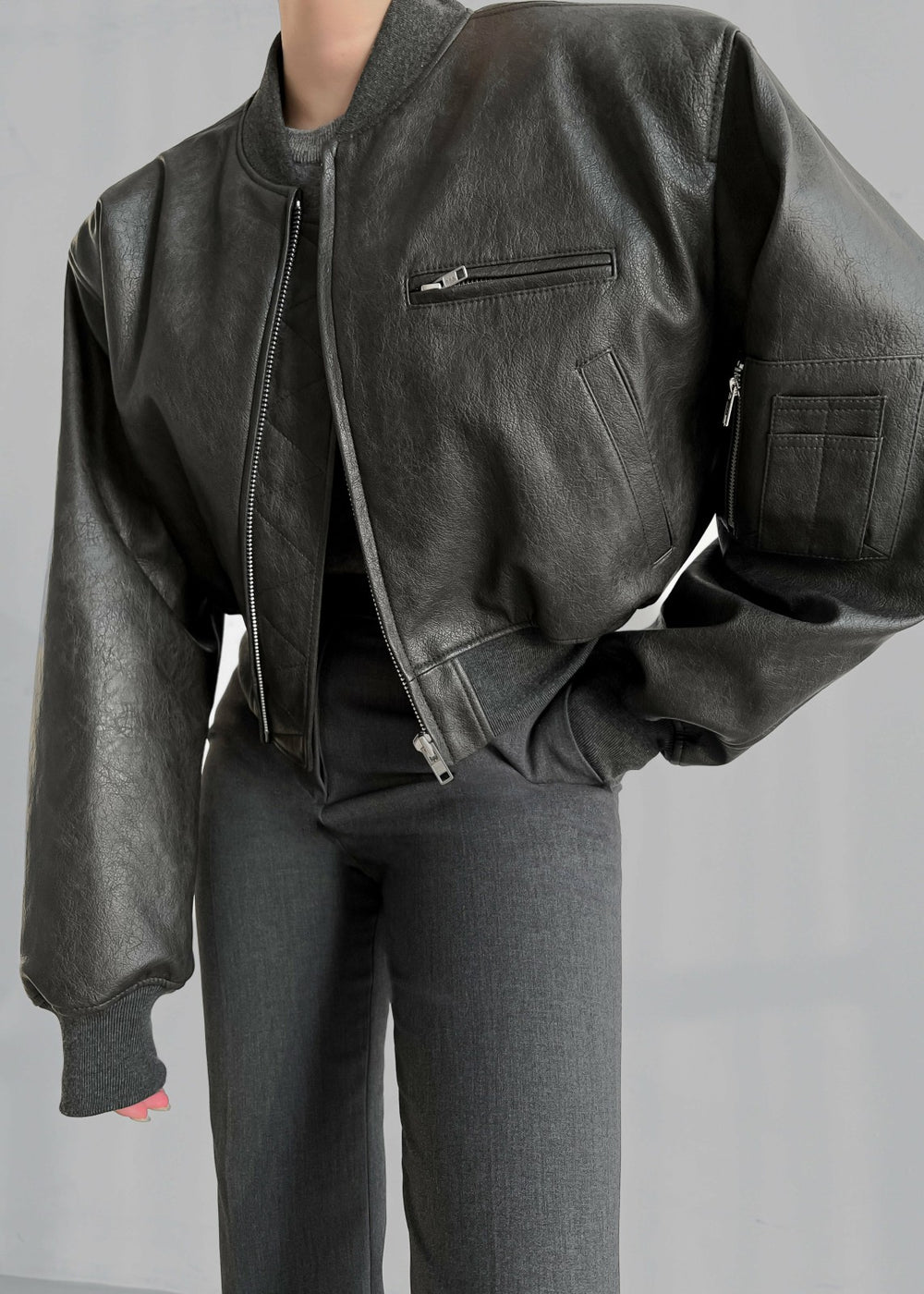 Gae Faux Leather Cropped Bomber - Charcoal